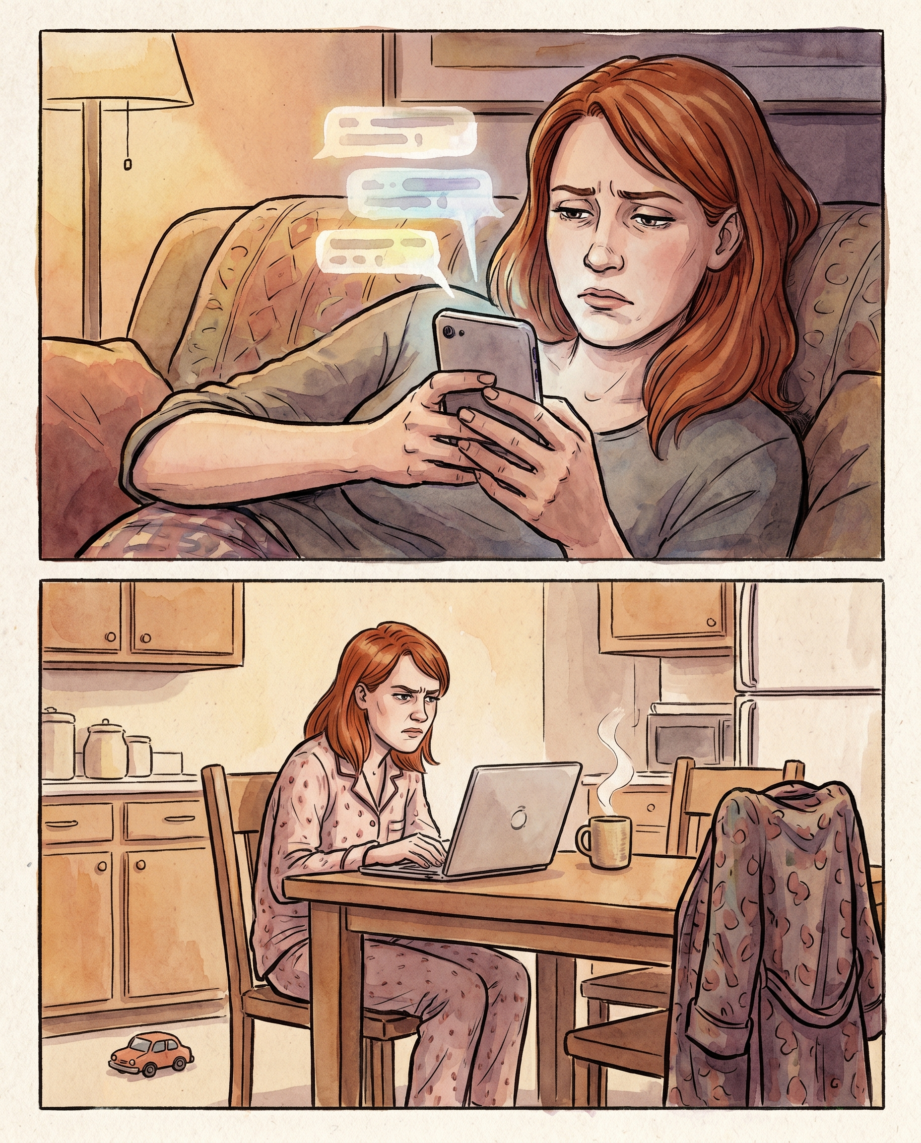 Editorial illustration: a person receiving a Friday evening work message from their boss and resigning to a ruined weekend