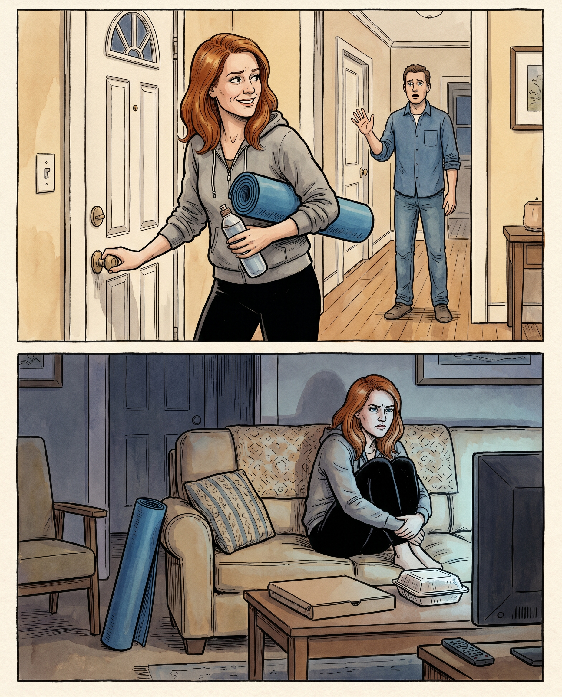 Editorial illustration: a person ready to leave for yoga, their partner blocking the doorway asking them to stay