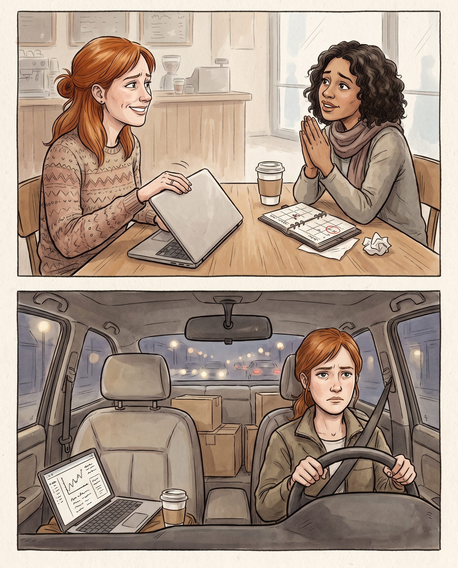 Editorial illustration: a person at their work desk interrupted by a friend asking for a favor, struggling to say no