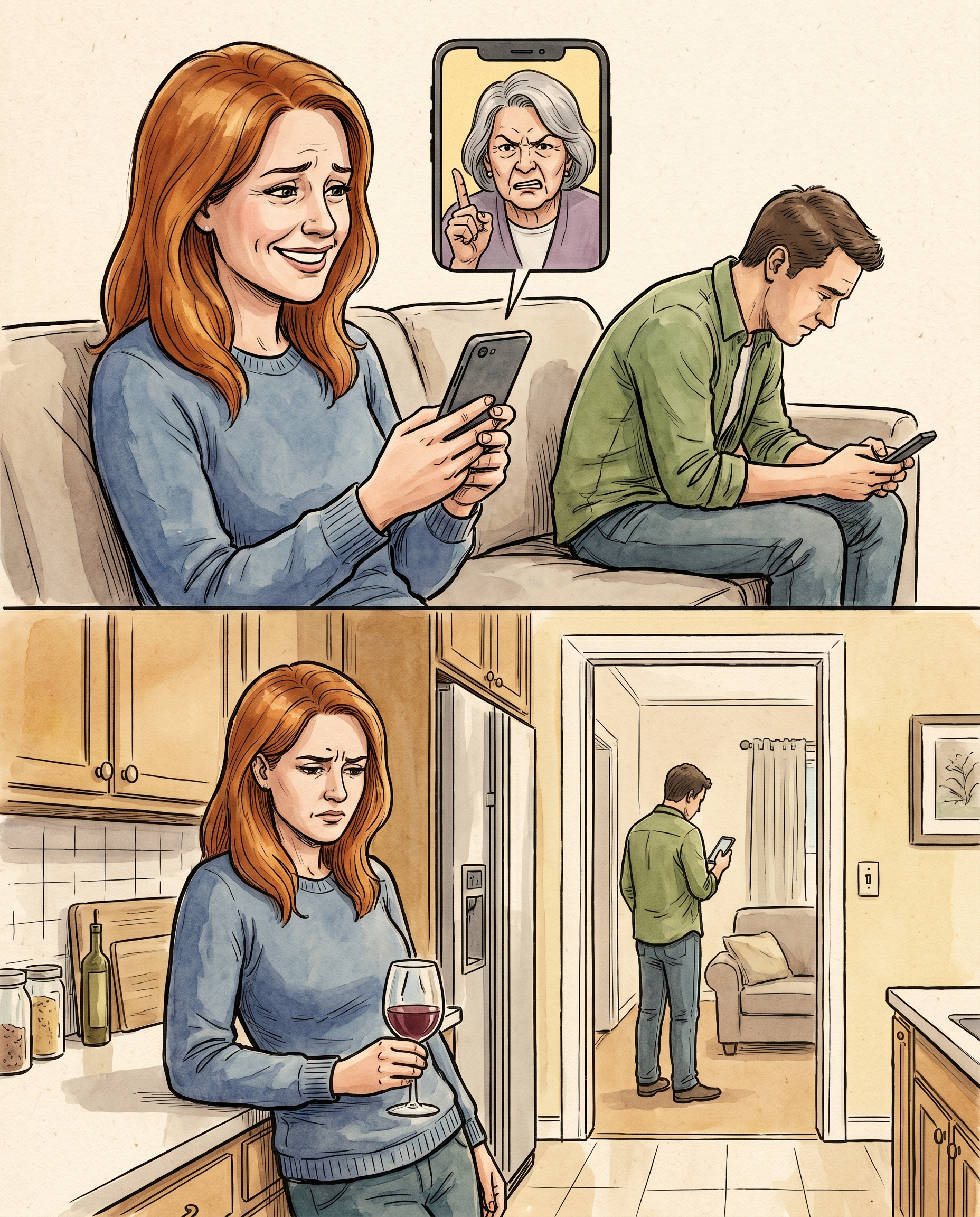 Editorial illustration: a person on the couch with their partner's mother guilt-tripping over the phone, while their partner avoids the conversation