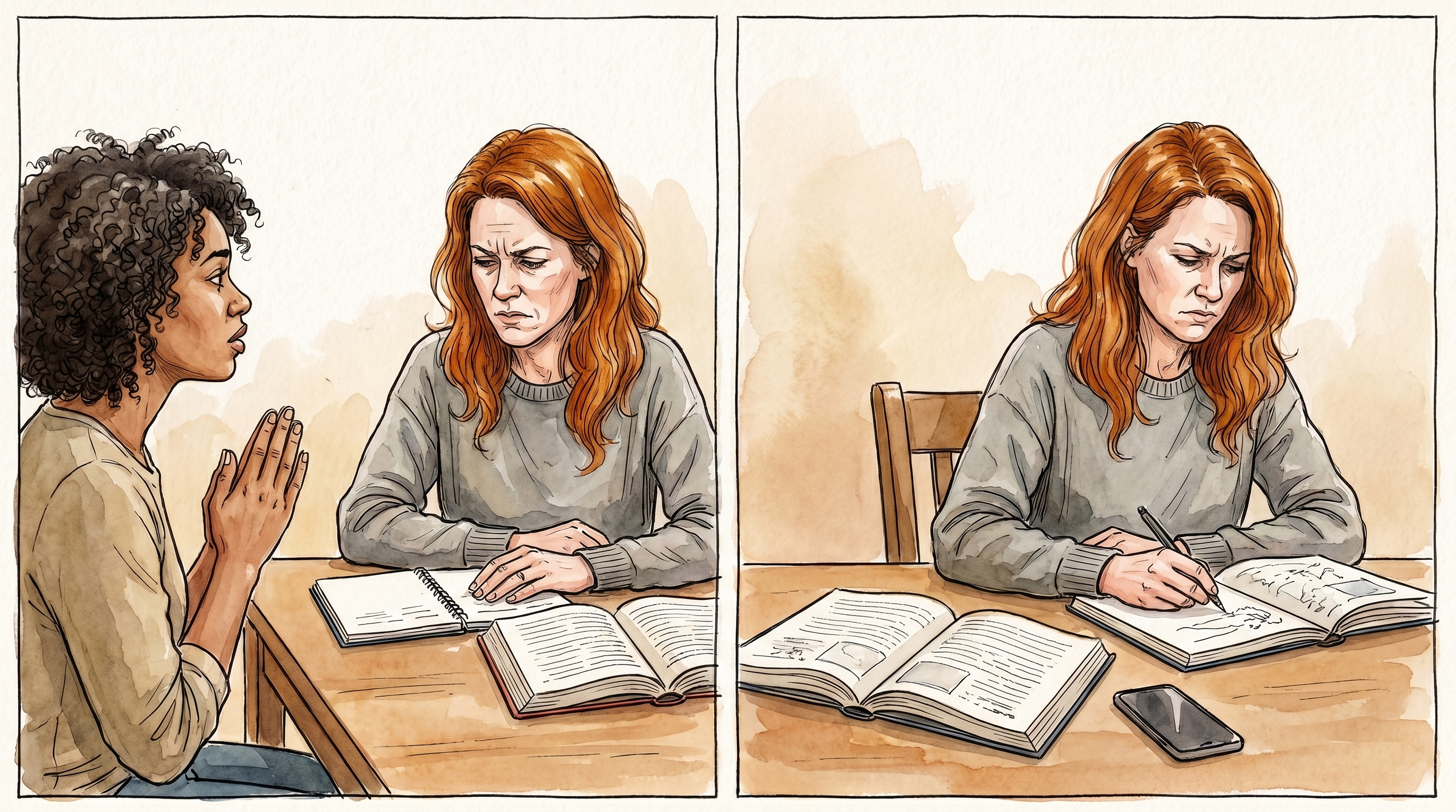 Left: a friend with prayer-hands gesture asking for a favor at the desk, the person's own notebook and book pushed aside. Right: the same person alone at the desk, doing the friend's task instead of their own work.
