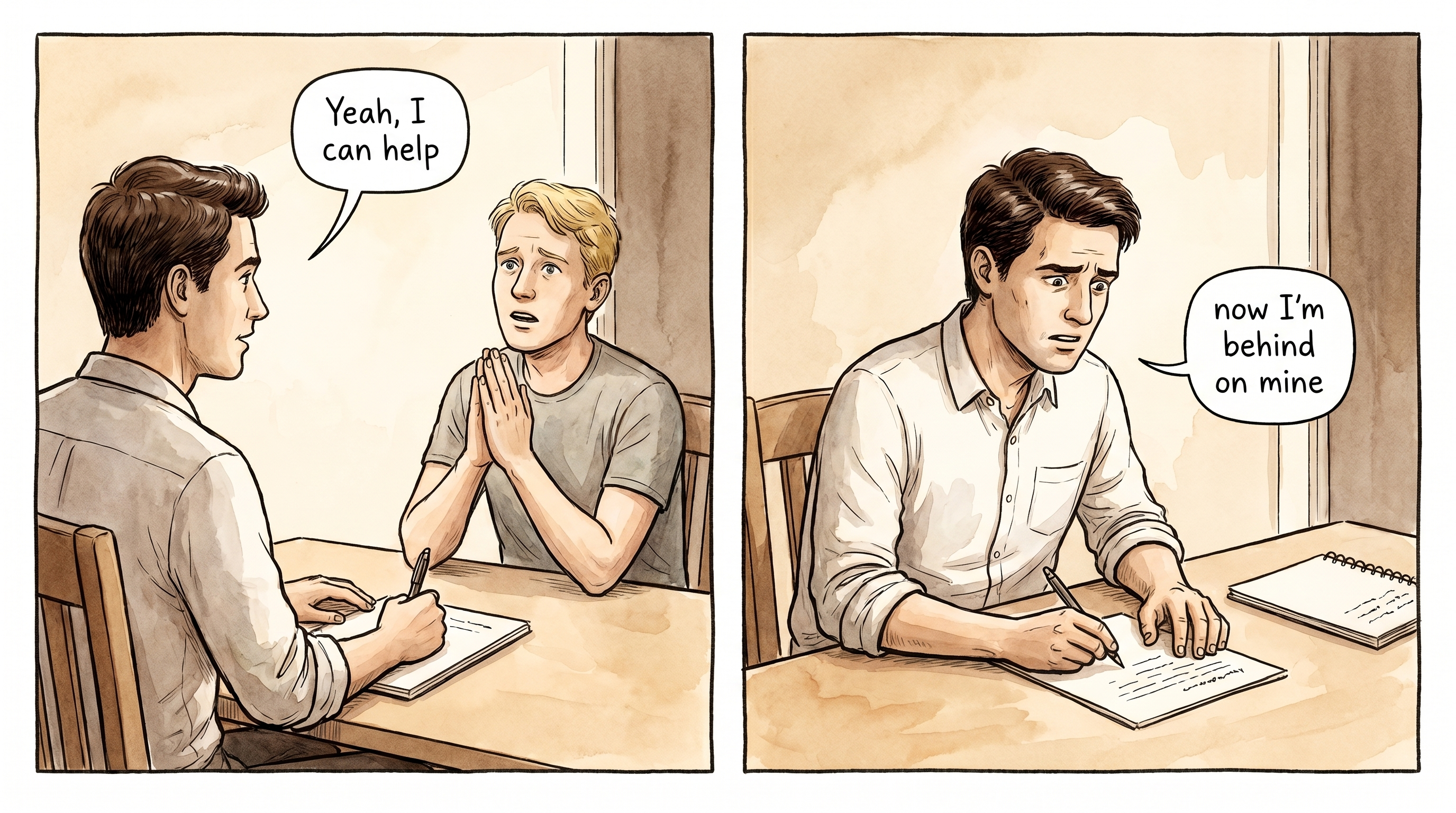 Left: a blonde friend with prayer hands begging across the desk, the man says "Yeah, I can help." Right: the same man alone at the desk, "now I'm behind on mine."
