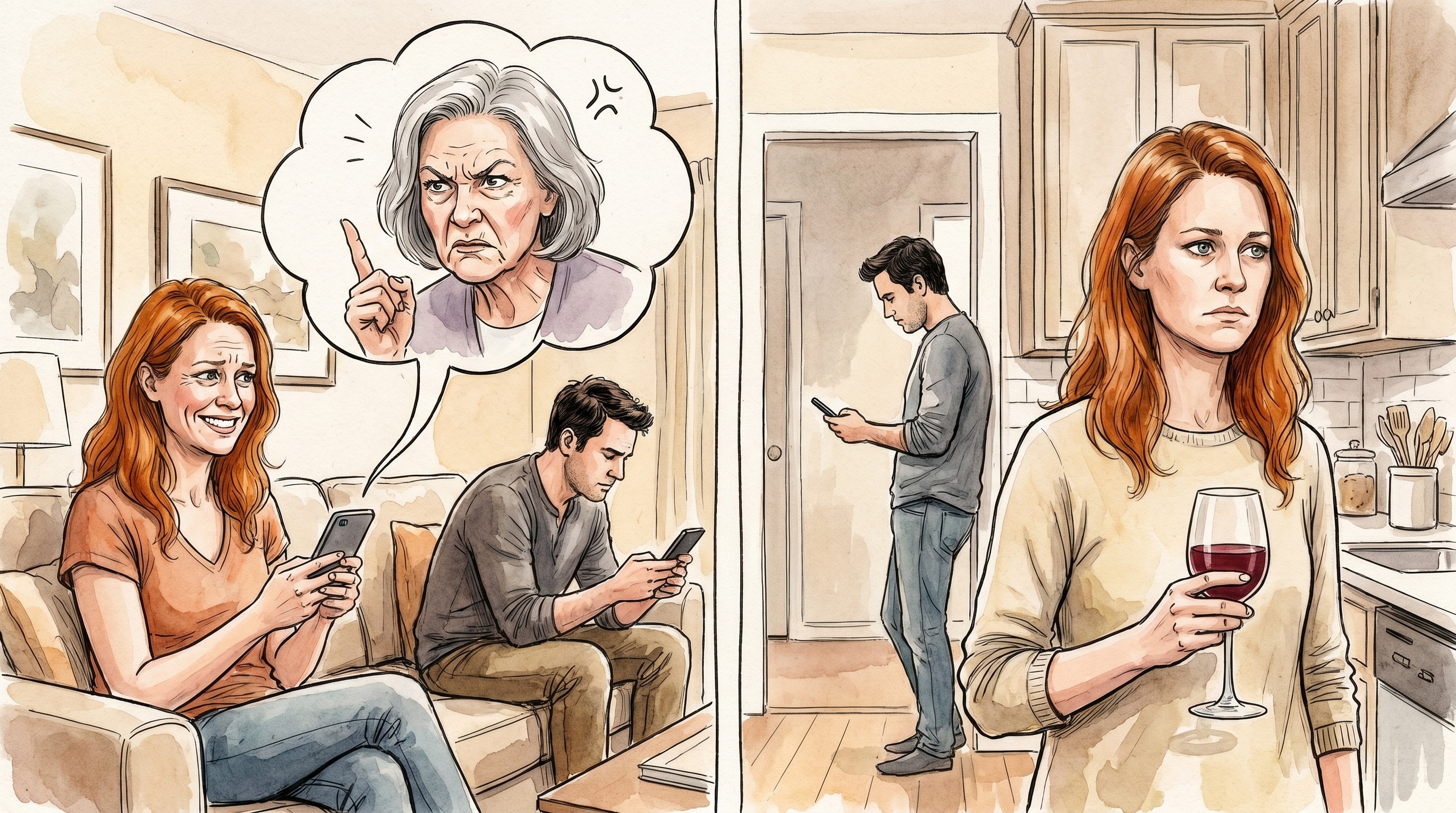 Left: a person on the couch absorbing a mother-in-law's guilt trip in a phone speech bubble, partner next to her avoiding on his own phone. Right: the same person alone in the kitchen with a glass of wine, partner still avoiding in the background.