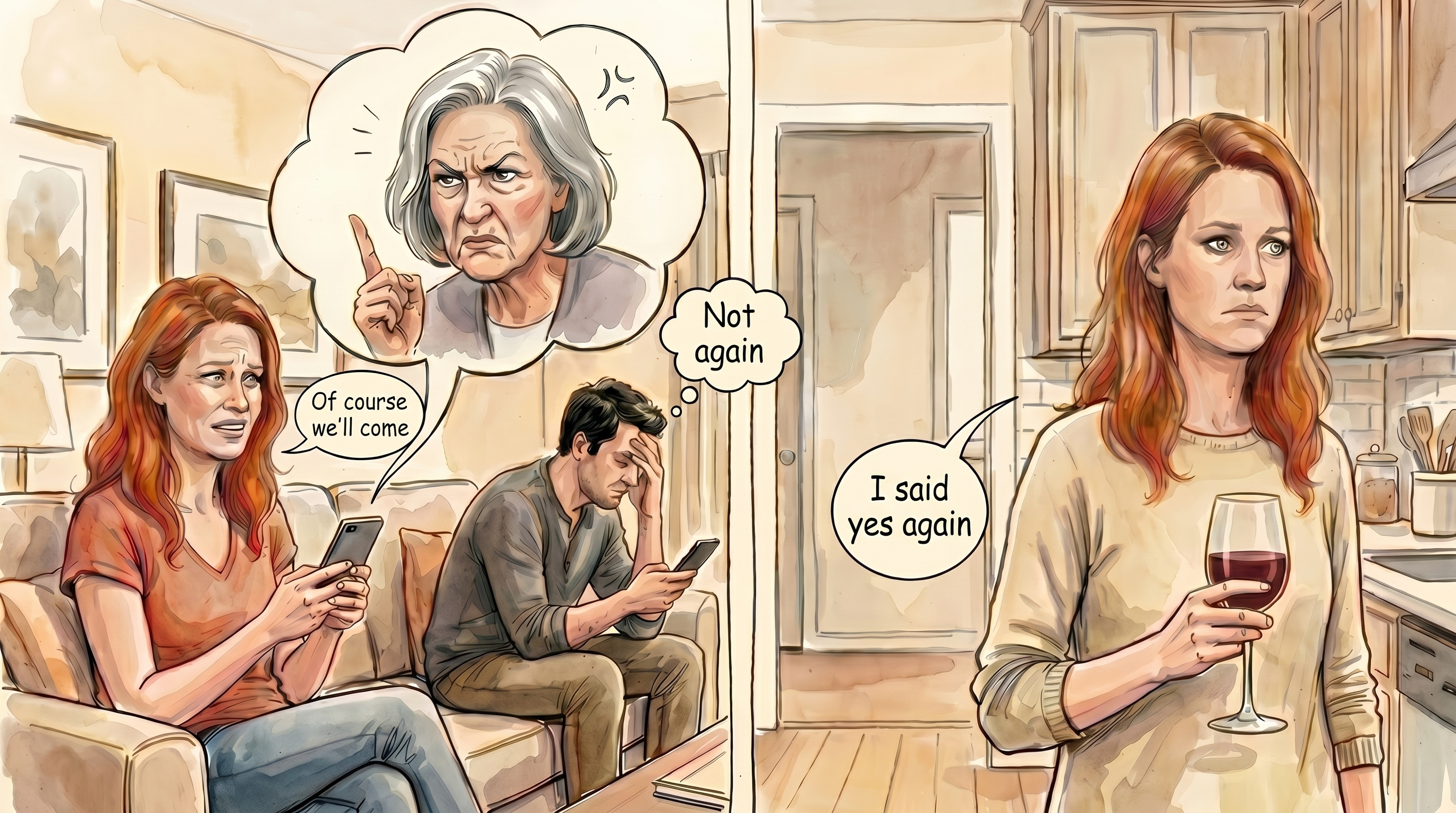 Left: a person on the couch with an angry mother-in-law in a phone callout, partner avoiding next to her, the person says "Of course we'll come." Right: the same person alone in the kitchen with a glass of wine, "and he didn't say anything."