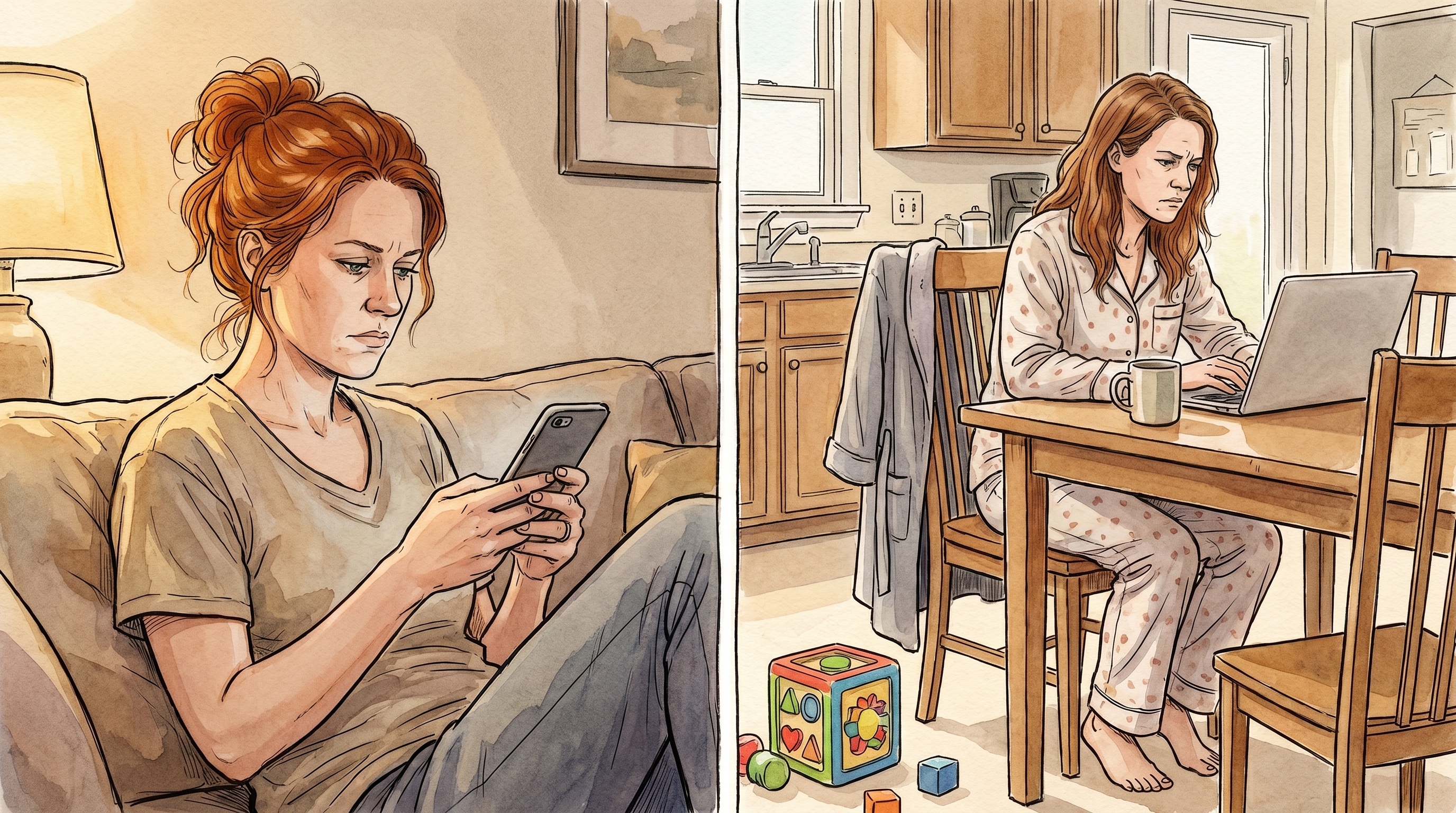 Left: a person reading a Friday evening boss message at home. Right: the same person Saturday morning in pajamas at the kitchen table, working through the weekend, kid's toy on the floor.