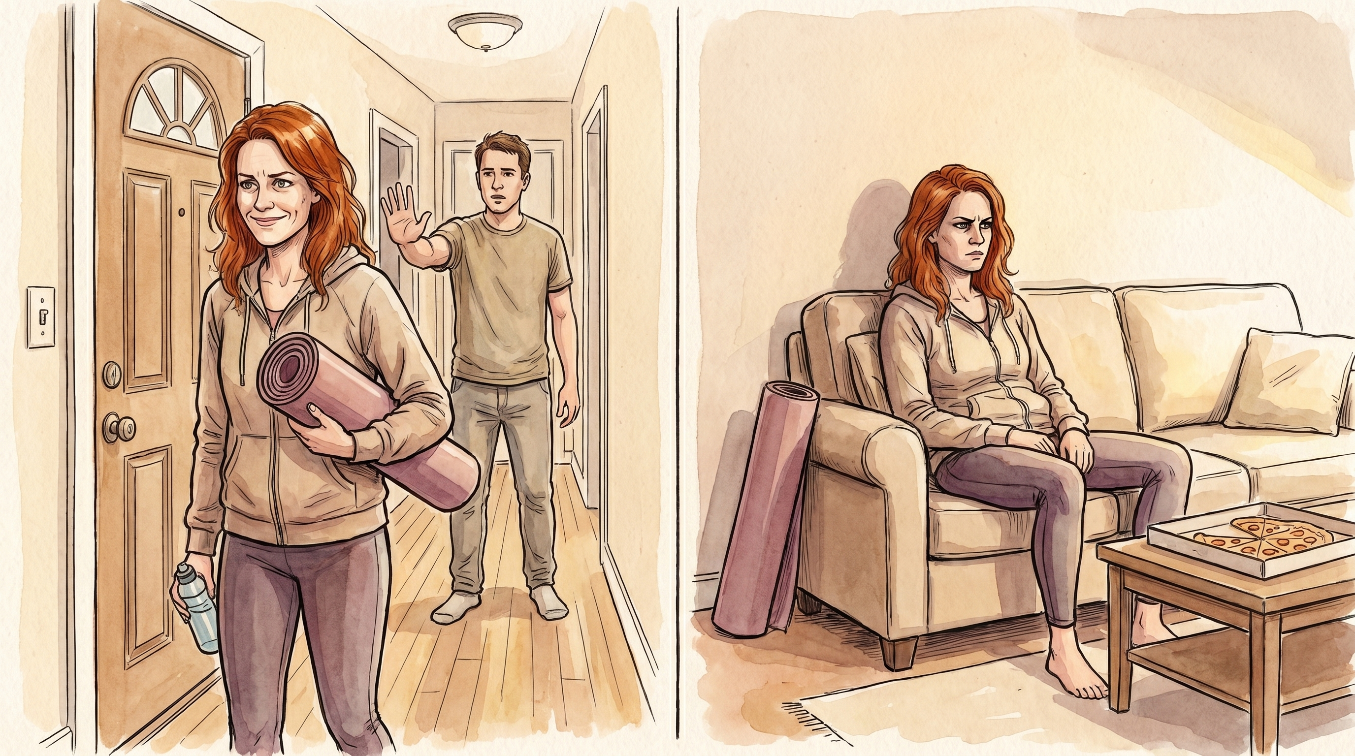 Left: a person ready to leave for yoga with mat and water bottle, partner in hallway asking them to stay. Right: the same person alone on the sofa, yoga mat unused, takeout box, evening over.